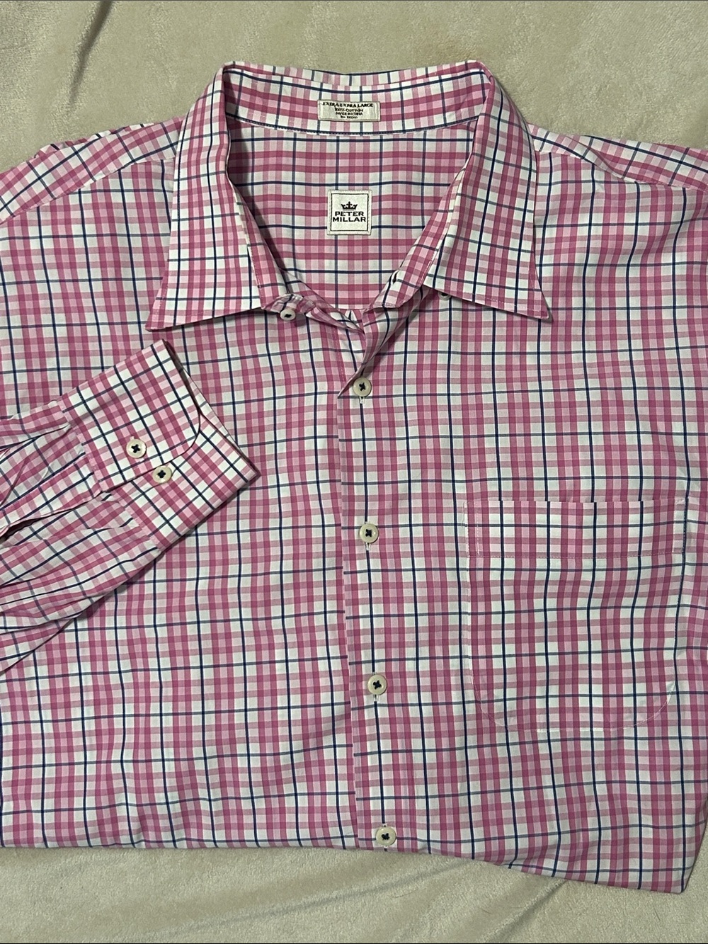 Peter Millar Mens XXL Pink Blue Plaid Cotton Long Sleeve Sport Button Shirt